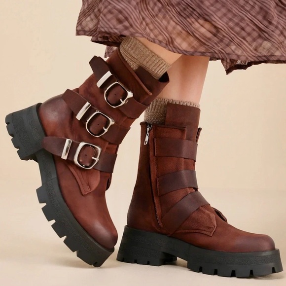 Urban Outfitters Steve Madden Roland Moto Boot Platform Lug Sole Brown - Picture 9 of 9